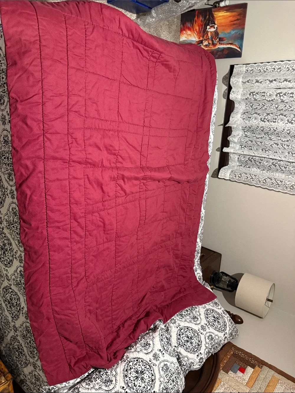 Handmade Green and Red Patchwork House Quilt by